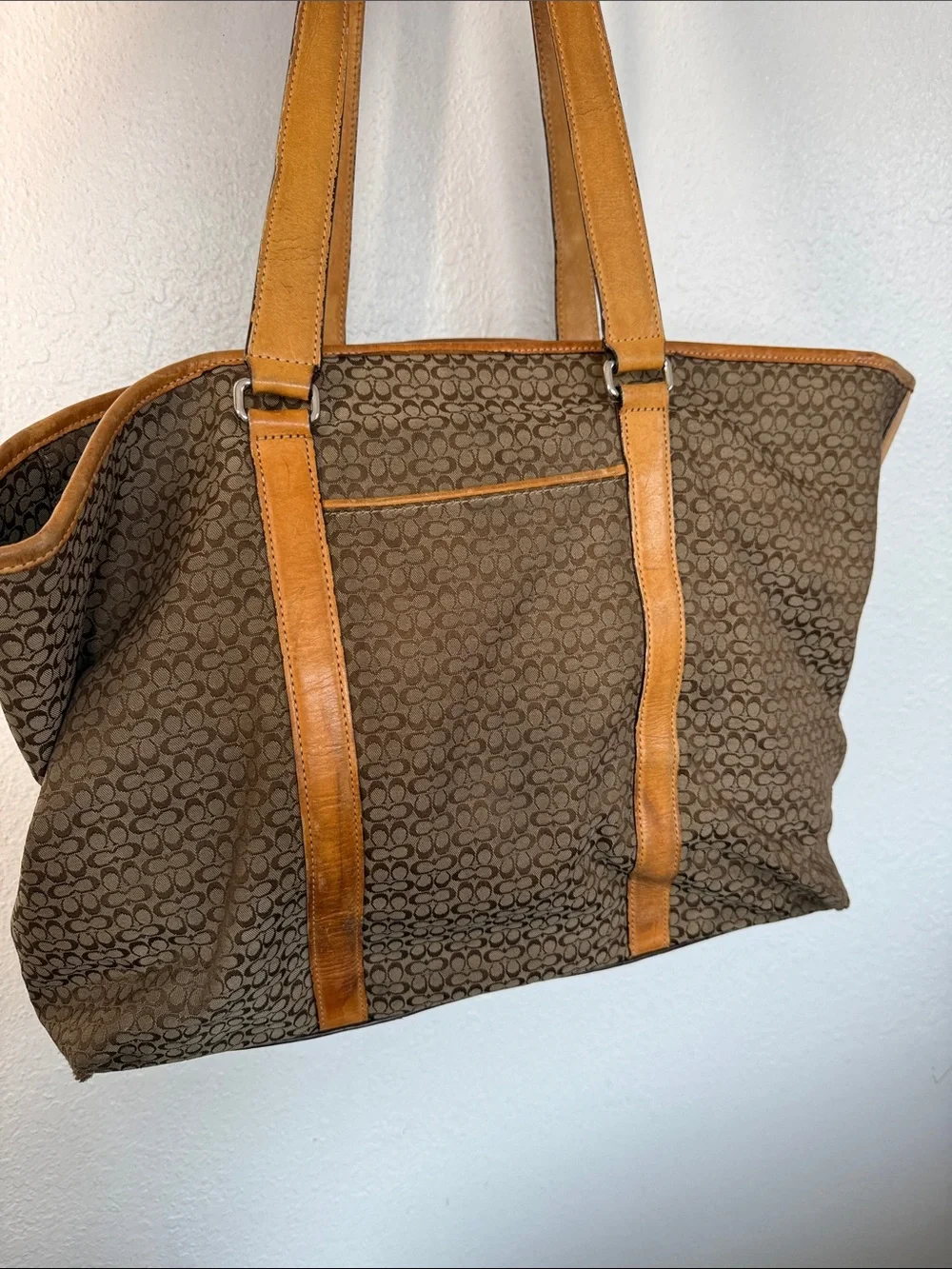 Coach Brown Signature Travel Tote with Tan Leather Accents
